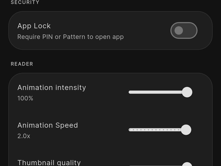 Settings detail showing the App Lock switch and full-width animation and thumbnail sliders