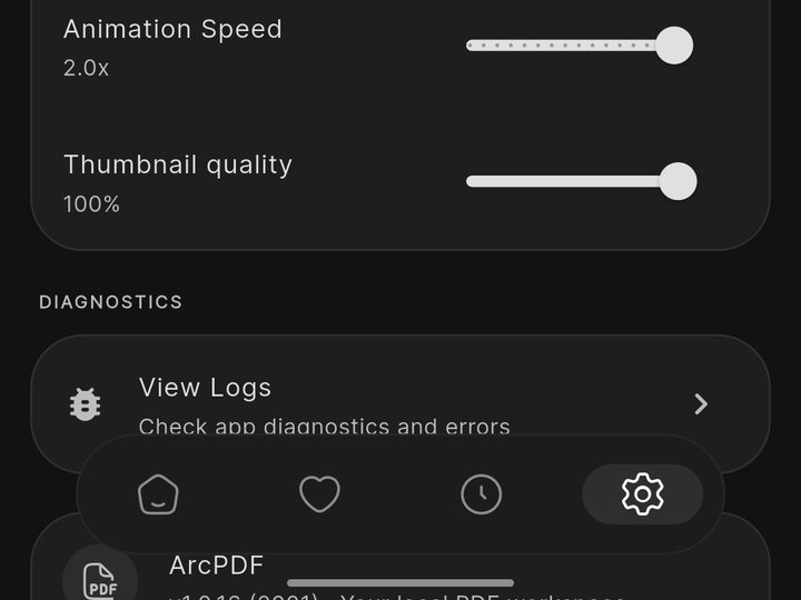 Settings detail showing the diagnostics row and the floating translucent navigation bar