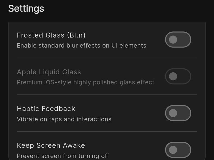 Settings detail showing frosted glass, haptic feedback, and screen-awake toggles grouped into one section